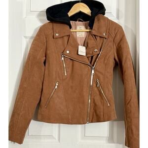 NWT $198 Free People Harriet Hooded Vegan Leather Moto Jacket Chocolate Medium M